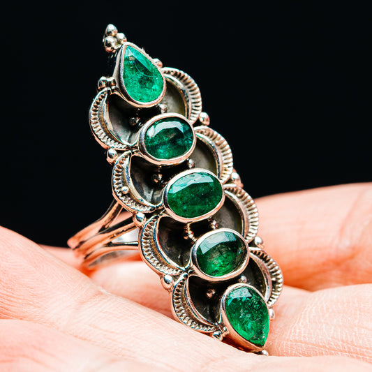 Exclusive 5-Gemstone Faceted Zambian Emerald Ring Size 9 (.925 Sterling Silver)