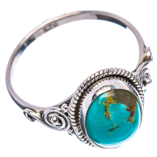 Turquoise cabochon statement ring in .925 sterling silver, round stone with rope frame
