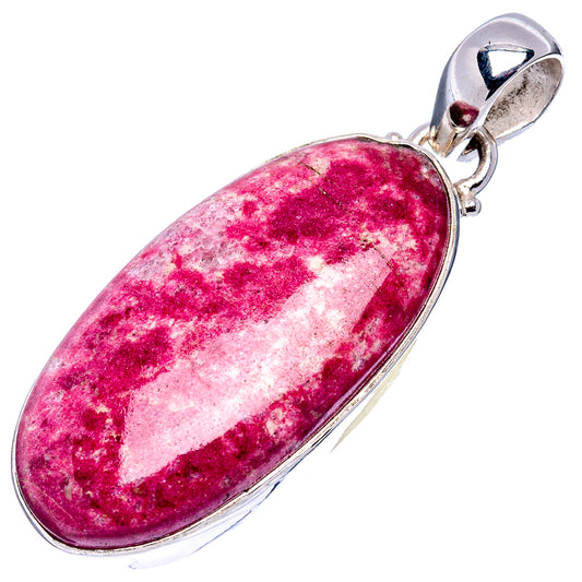 Oval thulite pendant in .925 sterling silver with bright pink marbled stone setting.