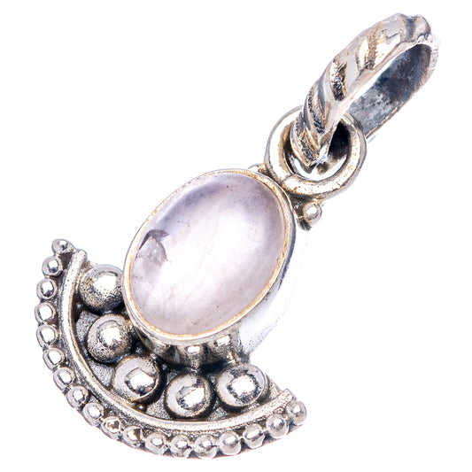 Oval rose quartz pendant with halo-like crescent design, sterling silver bail and chain loop