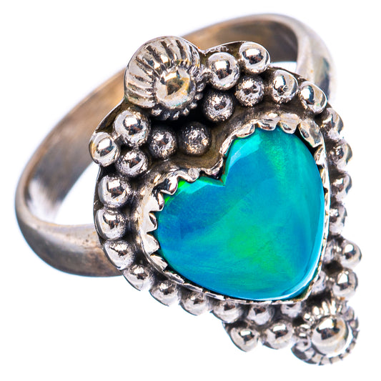 Heart opal ring, .925 sterling silver with scalloped bead edge and blue-green stone