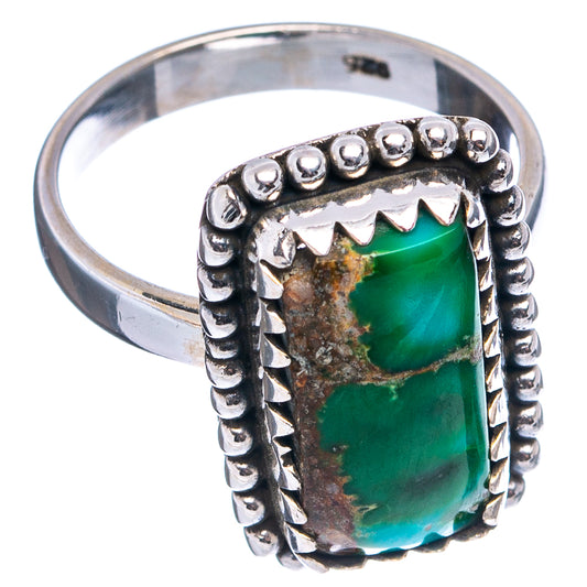 Sterling silver turquoise ring with rectangular green stone and beaded, serrated border