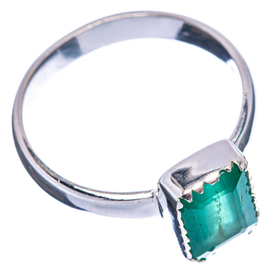 Sterling silver ring with emerald green square faceted stone, open band side view