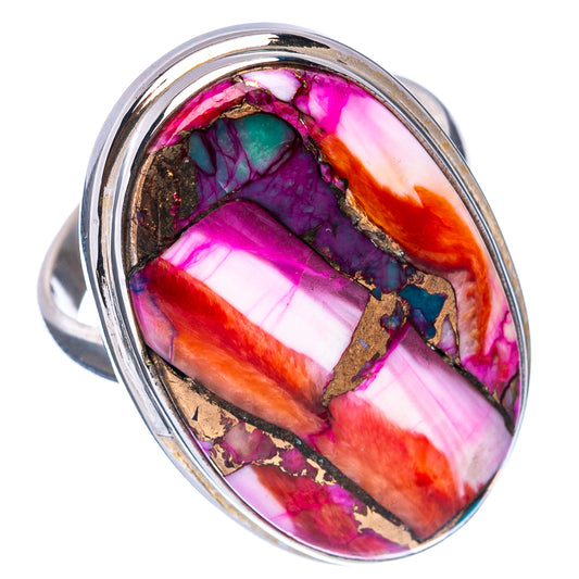 Sterling silver oval cabochon ring with swirled pink, orange, and teal mosaic detail
