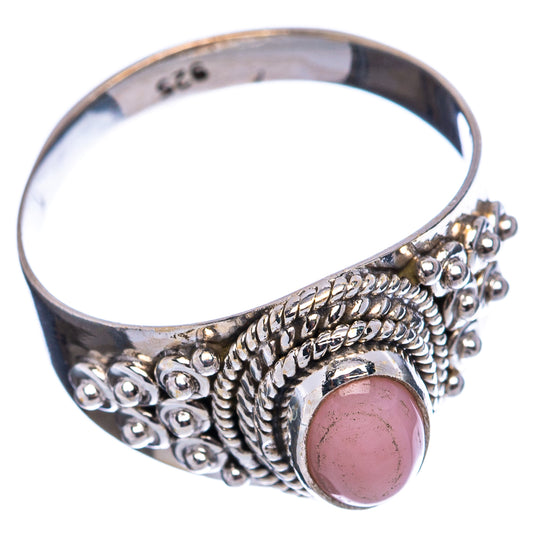 Pink opal cabochon ring with ornate rope bezel and beadwork, .925 sterling silver
