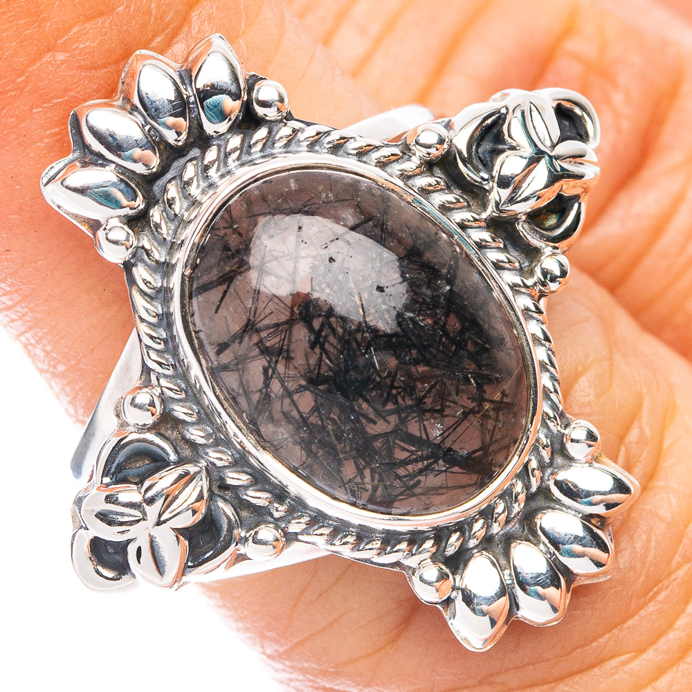 925 sterling silver ring with oval tourmalinated quartz and ornate floral bezel