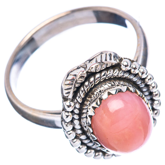 Sterling silver pink opal ring, oval pink stone with leaflike engraved band detail