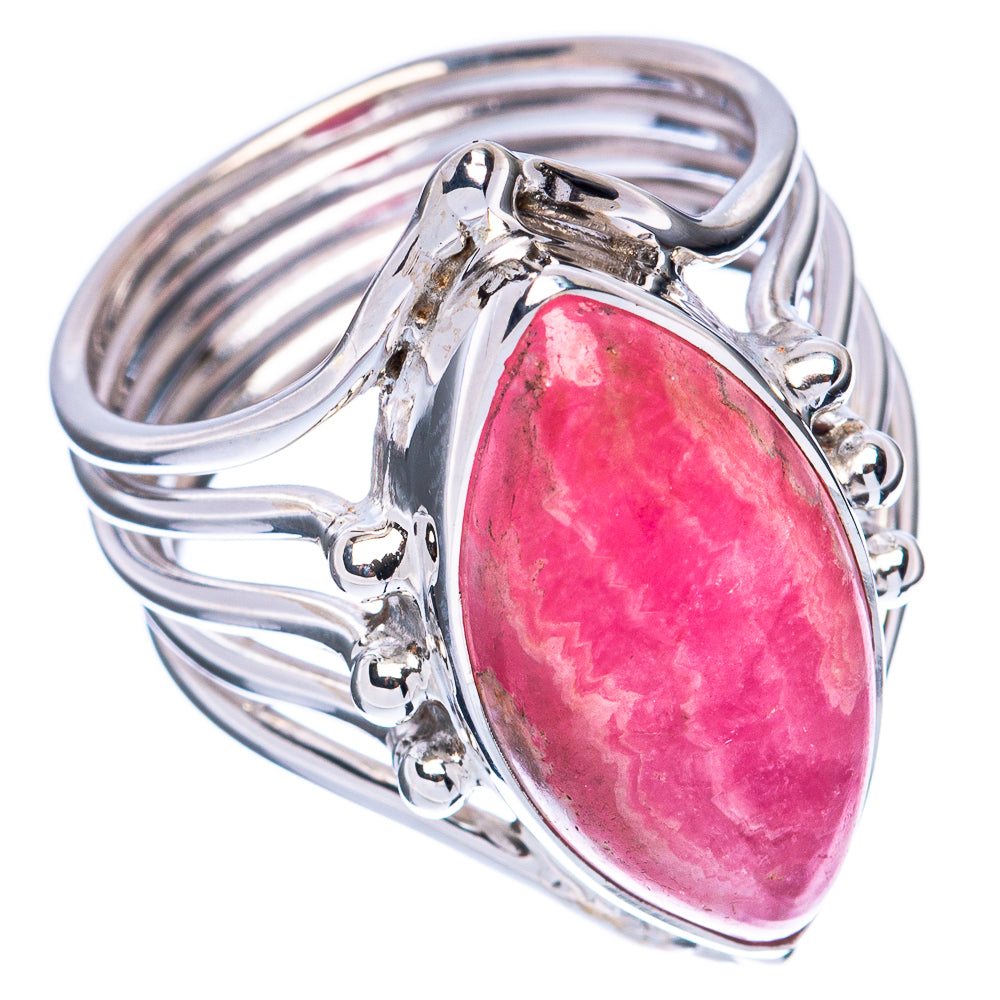 Pink rhodochrosite cabochon in ornate 925 sterling silver ring band, side view