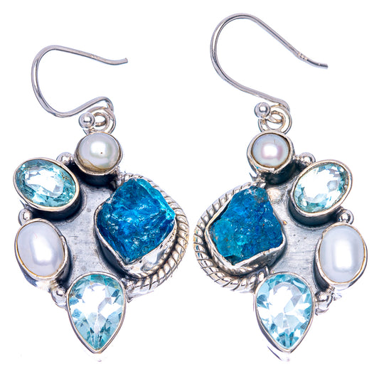 Premium Apatite, Blue Topaz, Cultured Pearl Earrings 1 3/4" (925 Sterling Silver) E1683