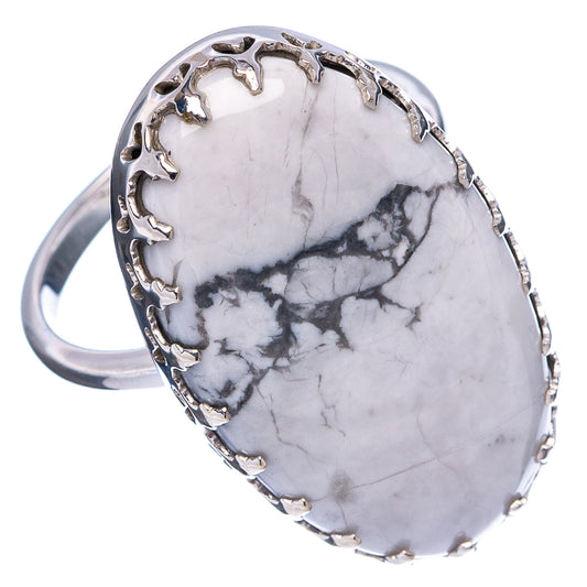 Oval white howlite ring with gray marbling, .925 sterling silver band and prong setting