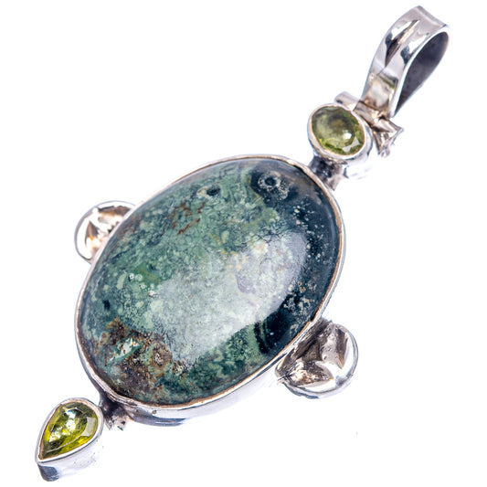 Oval blue-green galaxy jasper pendant in .925 sterling silver with green stone accents