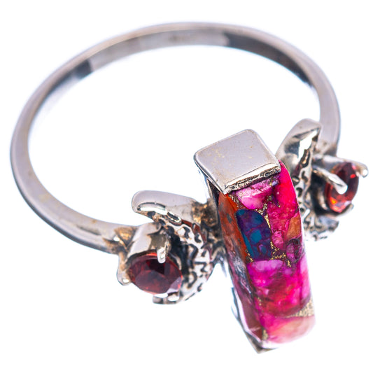 Sterling silver moon ring with pink-purple gemstone bar and red round gem details
