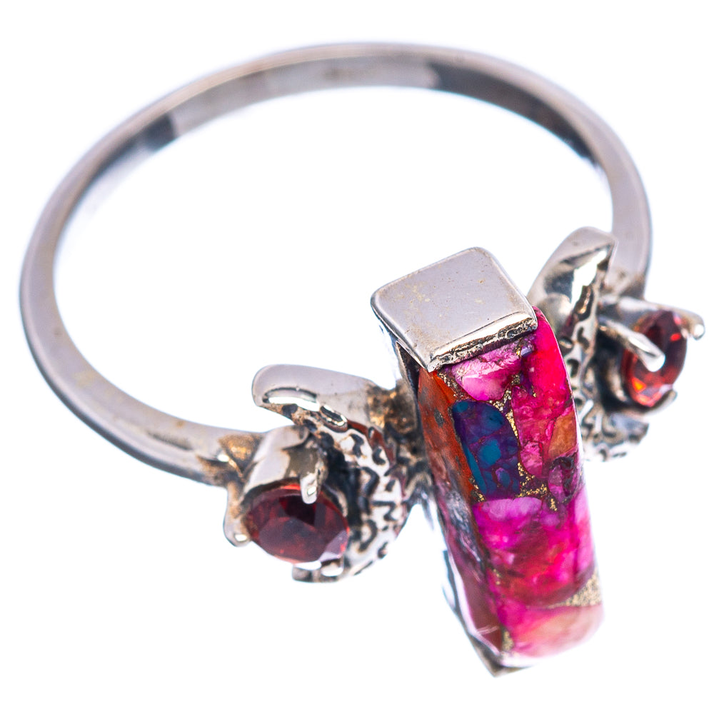 Pink Dahlia Turquoise, Garnet Moon Ring Size 5.75 (.925 Sterling Silver)
