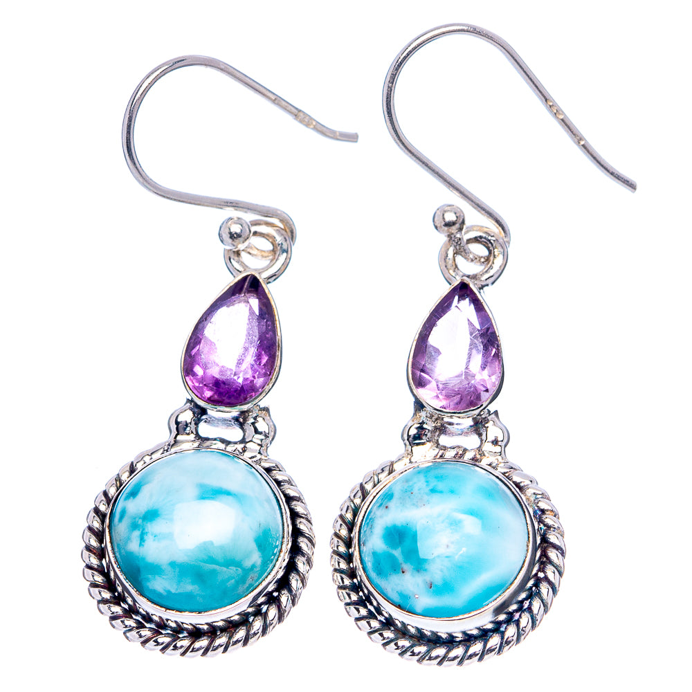 Amethyst and larimar drop earrings with fishhook backs in ornate .925 silver