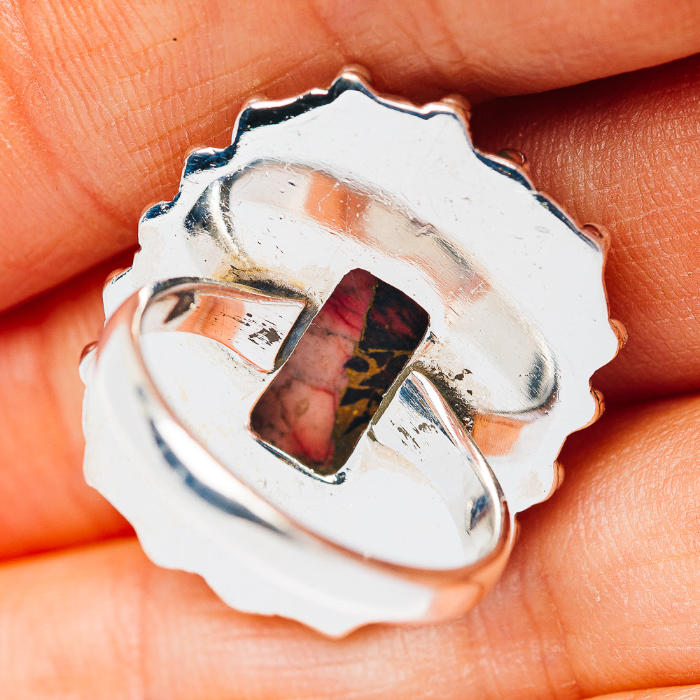 Southwestern Style Red Dahlia Turquoise Ring Size 6.75 (.925 Sterling Silver)