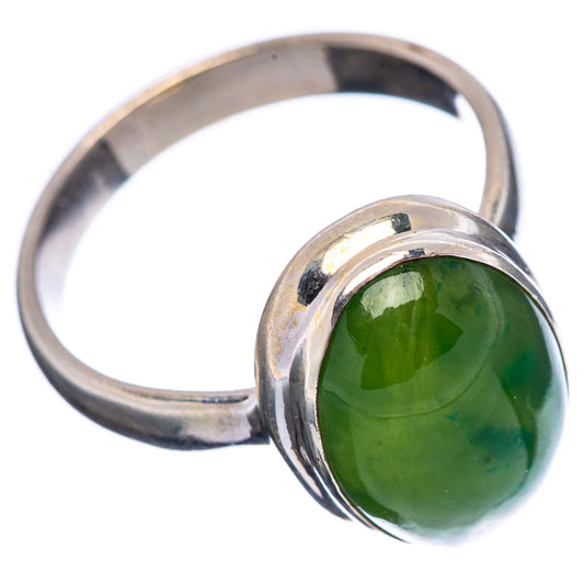 Green jade cabochon statement ring with sterling silver band, size 7.25, side view