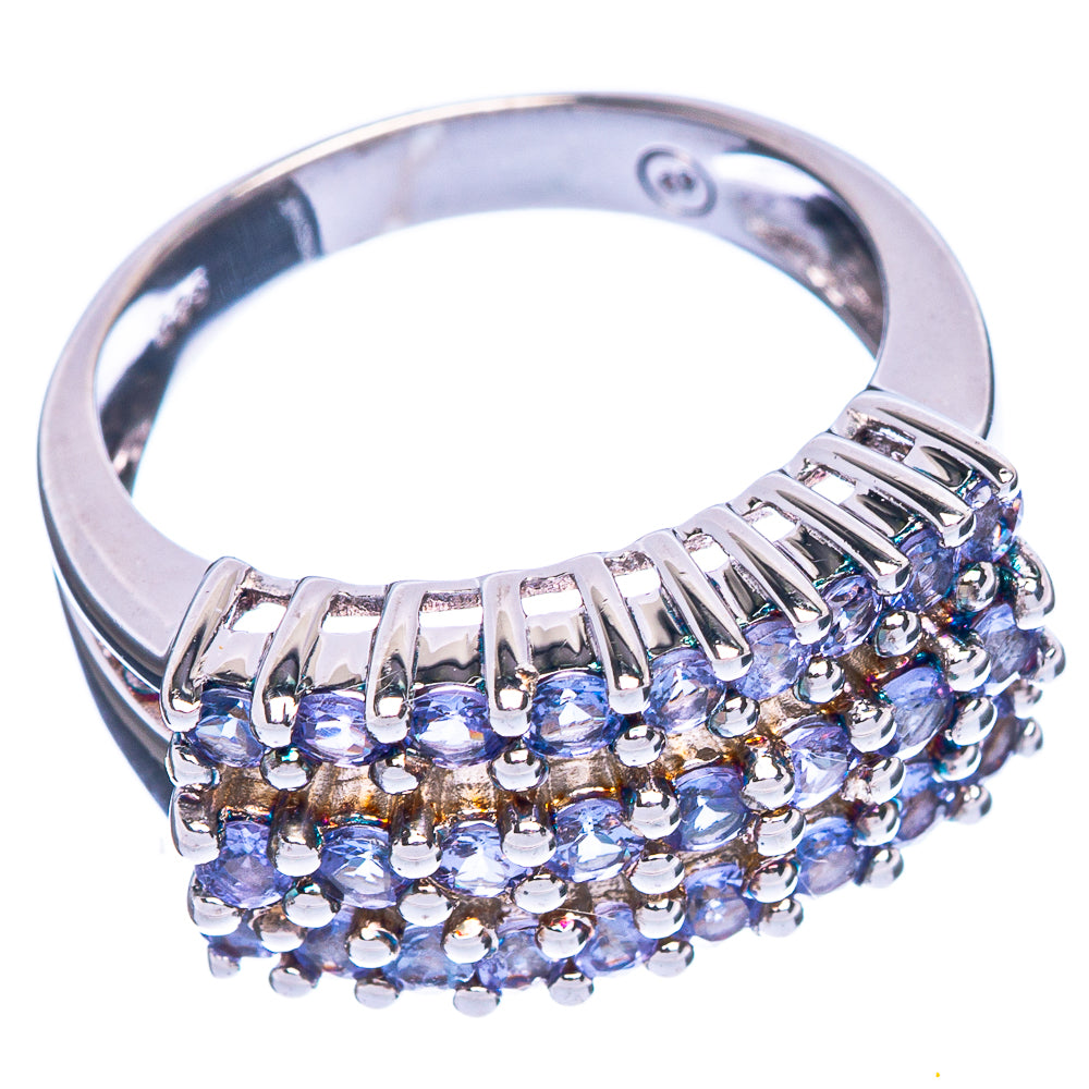 925 sterling silver tanzanite ring with faceted blue stone rows, domed top