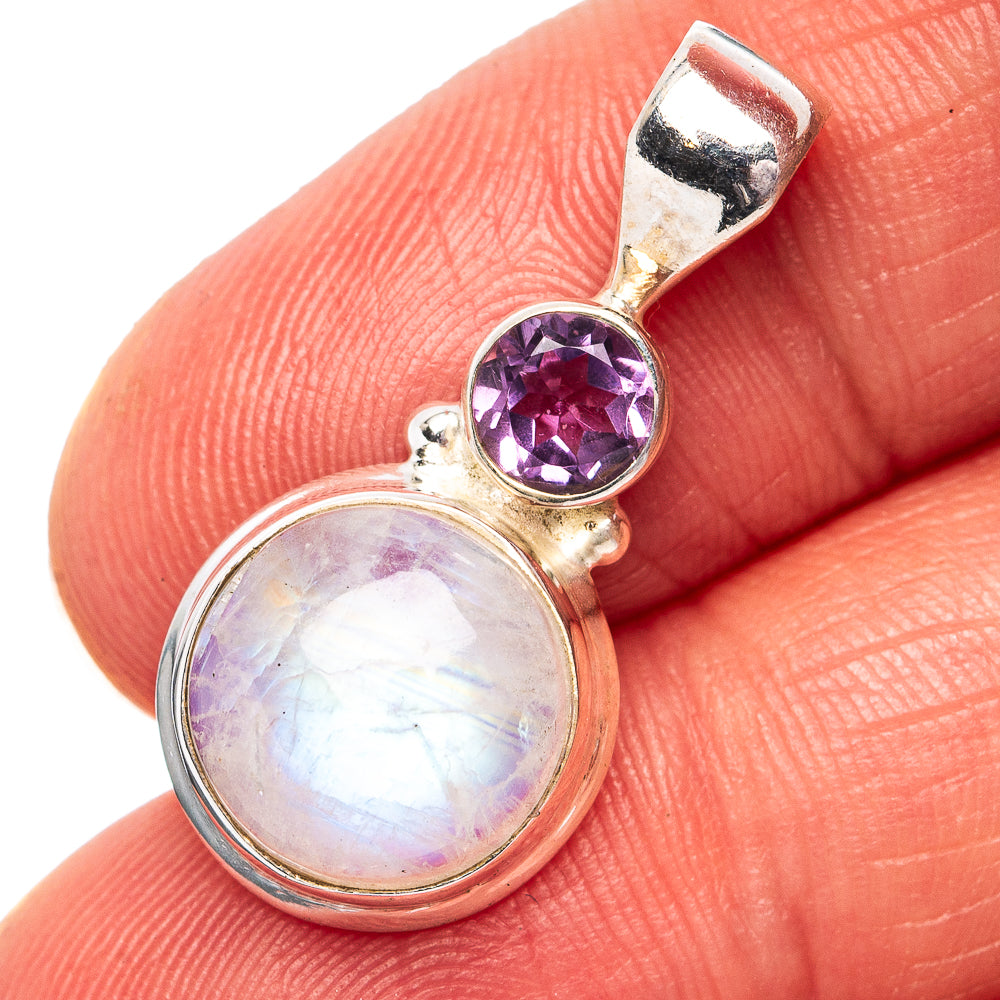 Rainbow Moonstone, Amethyst Pendant 1 1/8" (.925 Sterling Silver)