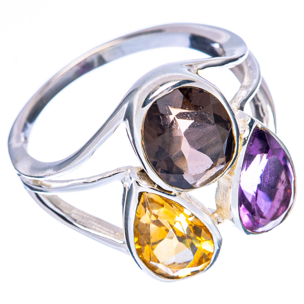 Oval gemstone sterling silver ring: smoky quartz, purple amethyst, yellow citrine