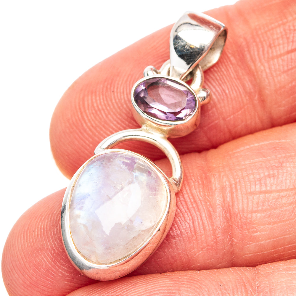 Rainbow Moonstone, Amethyst Pendant 1 3/8" (.925 Sterling Silver)