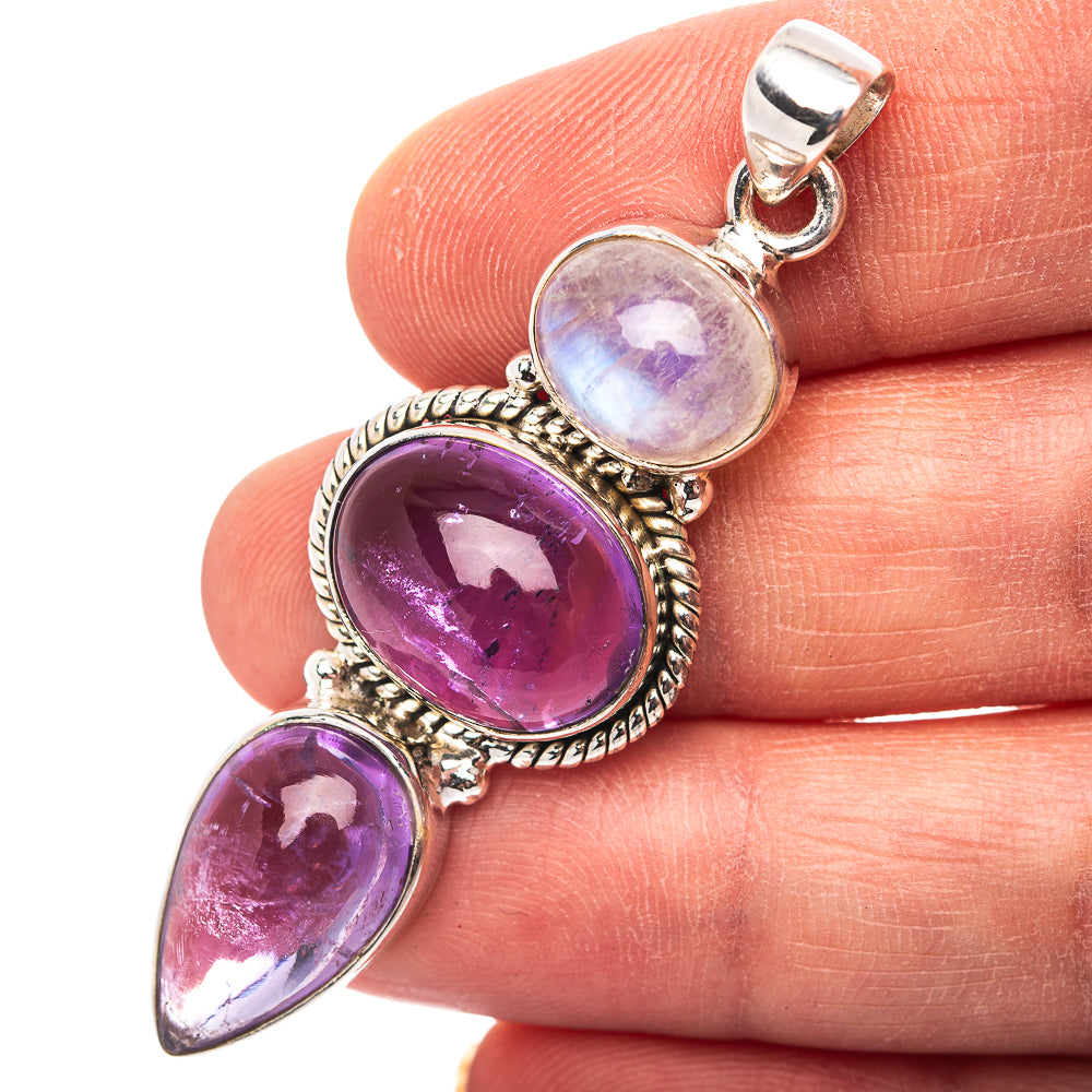 Premium Amethyst, Rainbow Moonstone Pendant 2 1/8" (.925 Sterling Silver)