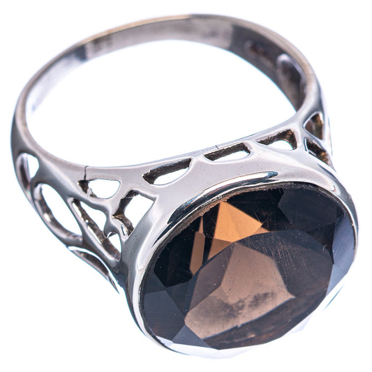 Sterling silver smoky quartz ring with faceted dark oval bezel and lattice-style band