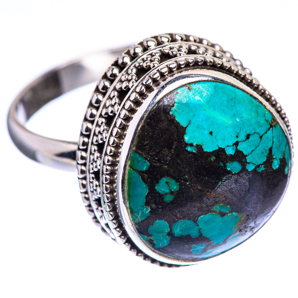 Large oval turquoise cabochon ring, 925 sterling silver, size 9.75, ornate silver band