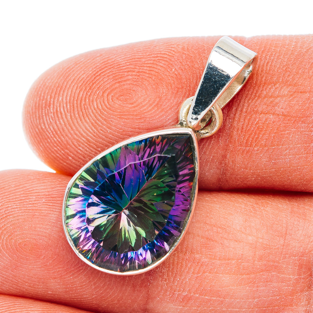 Teardrop mystic topaz pendant in .925 sterling silver bezel, prong-set rainbow stone