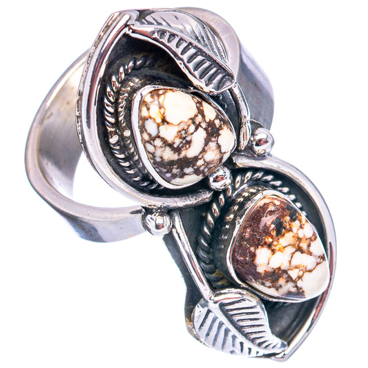 Adjustable sterling silver ring with two oval wild horse jasper cabochons and leaf details