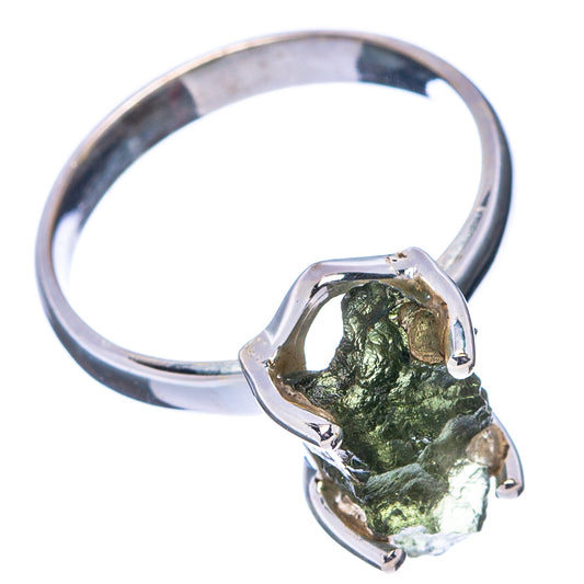 Sterling silver ring with dark green rough moldavite in prong setting