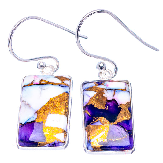 Purple-blue gold mosaic rectangular earrings with sterling silver hooks