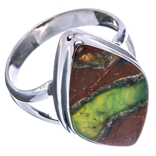 Sterling silver ring with green-and-brown chrysoprase teardrop stone, side bezel