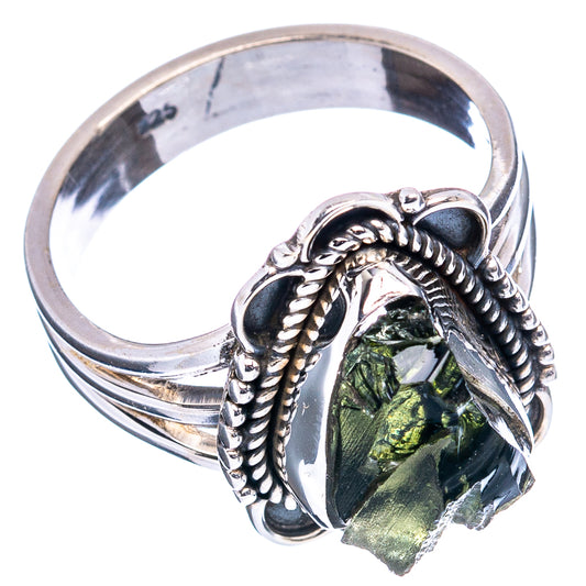 Sterling silver moldavite ring, green faceted teardrop stone with braided border and heart accents
