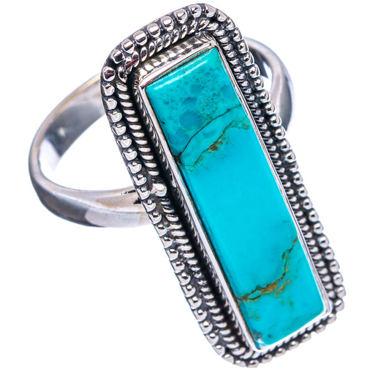 Turquoise rectangle stone ring, wide sterling silver band with beaded border
