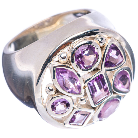 Amethyst faceted stone ring with mixed round, teardrop, and square settings on silver band