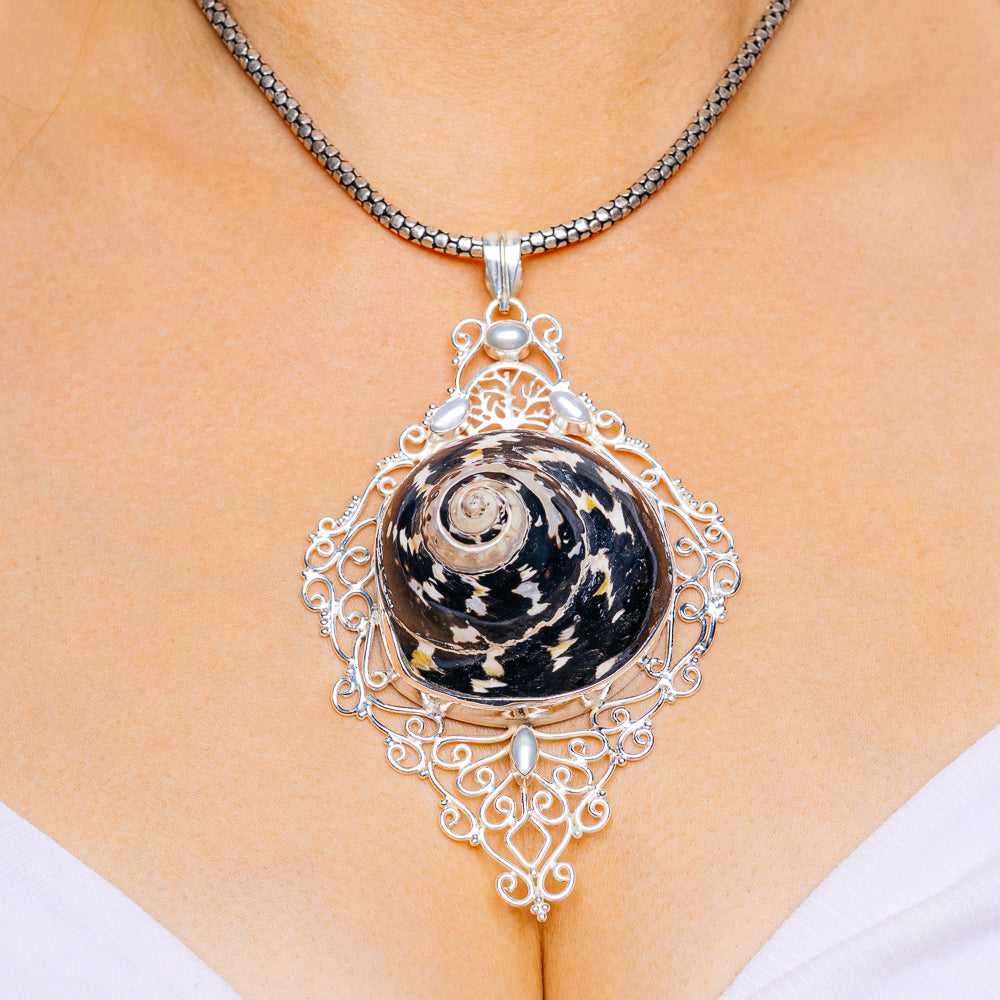 Gigantic Magpie Turbo Shell, Cultured Pearl Pendant 4 5/8" (.925 Sterling Silver)