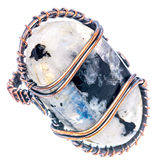 Oxidized copper wire wrap ring with two-toned oval cabochon and dark inclusions