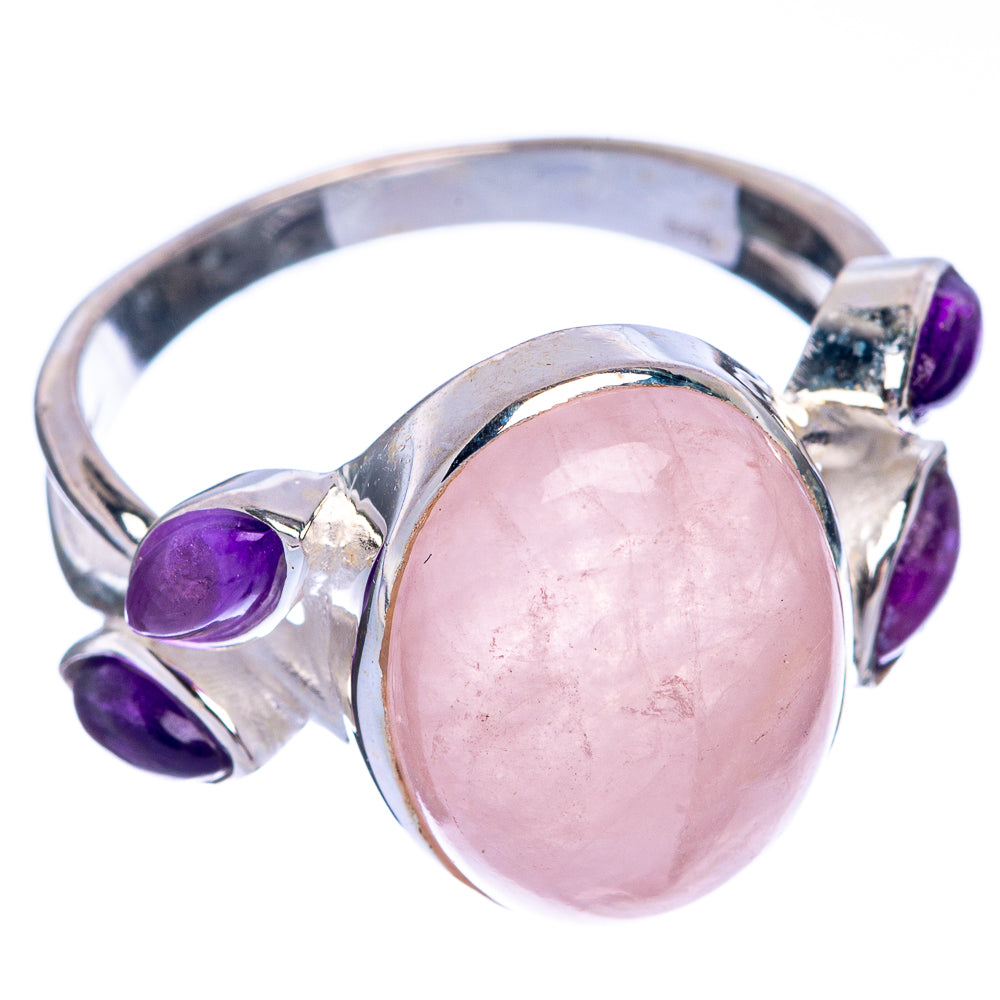 Sterling silver ring featuring a rose quartz oval center with purple amethyst side stones