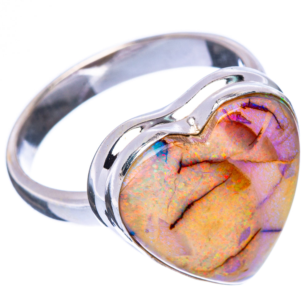 Sterling silver heart opal ring with multicolor gemstone center, curved band