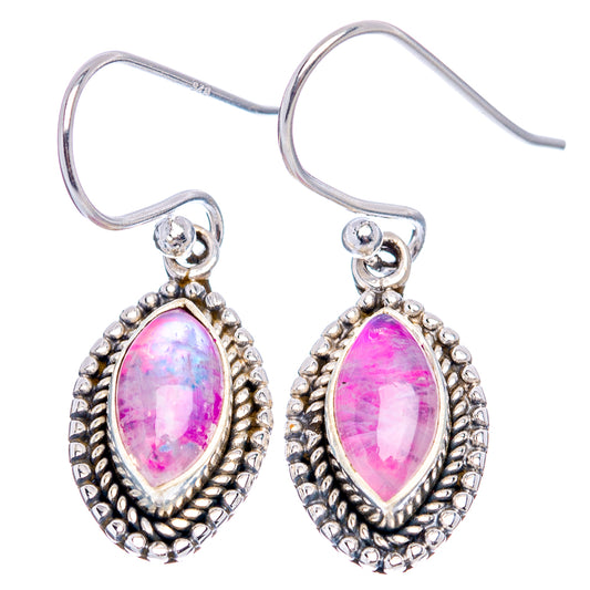 Oval moonstone dangle earrings, .925 sterling silver filigree bezel