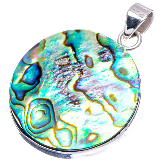Round iridescent abalone shell pendant with sterling silver bail and loop.