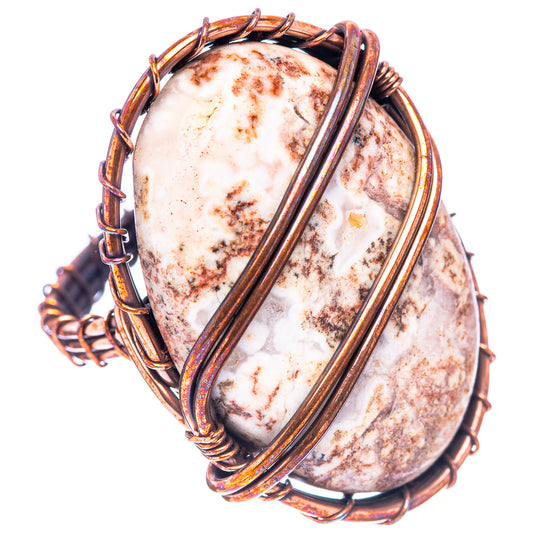 Oxidized copper wire-wrapped oval jasper ring, marbled white and rust-brown stone