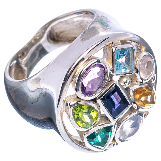Sterling silver ring featuring oval and round gemstones in blue, purple, green, and orange