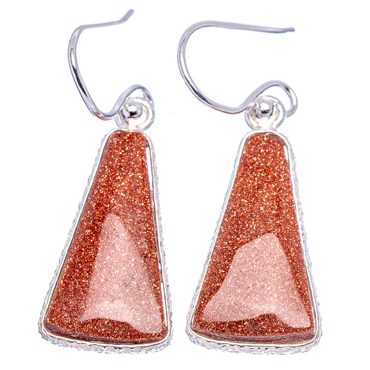 Goldstone triangle drop earrings, red glitter cabochons, silver-tone fishhook backs
