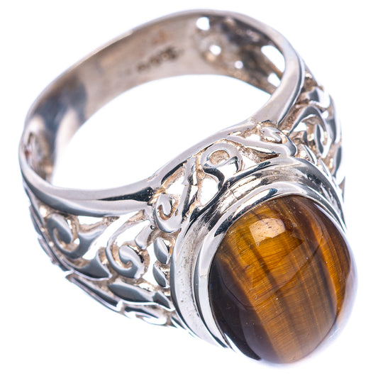 Tiger's eye sterling silver ring with oval amber cabochon and engraved filigree band, size 8.25