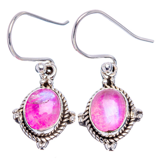 Sterling silver oval pink moonstone drop earrings, decorative bezel, hook backs