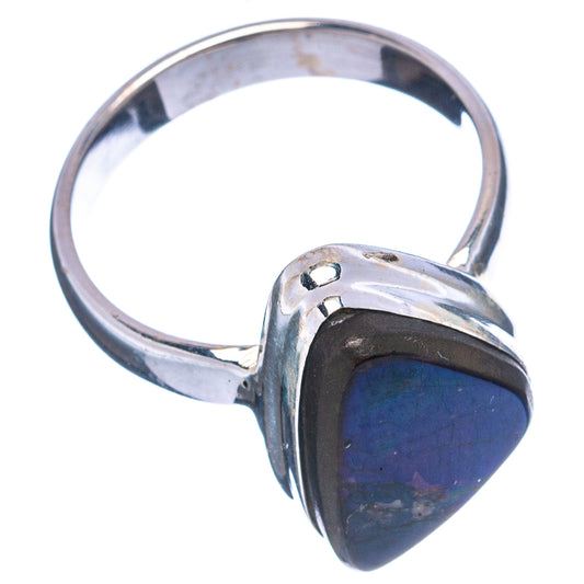 Sterling silver ammolite triangle ring with blue iridescent stone, size 6.75