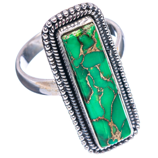 Sterling silver ring with green turquoise rectangle stone and beaded border, size 7.25