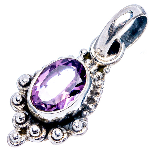 Amethyst oval pendant with purple gemstone and beadwork border, sterling silver
