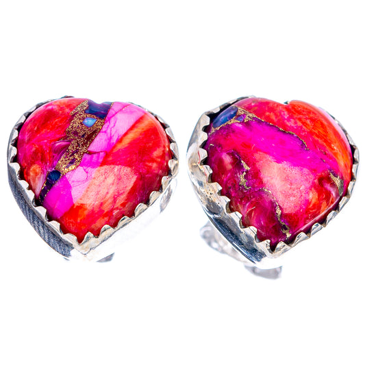 Pair of heart stud earrings with vibrant magenta and orange resin in silver settings